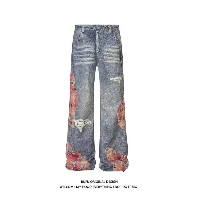 Mens Ripped Jeans Wide Leg Denim Trousers, High Waist Baggy