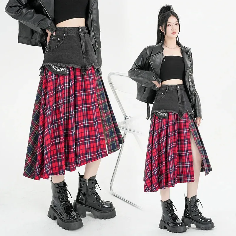 Patchwork Plaid Denim Skirt: Vintage Y2K Style, A-Line Fit. Shop