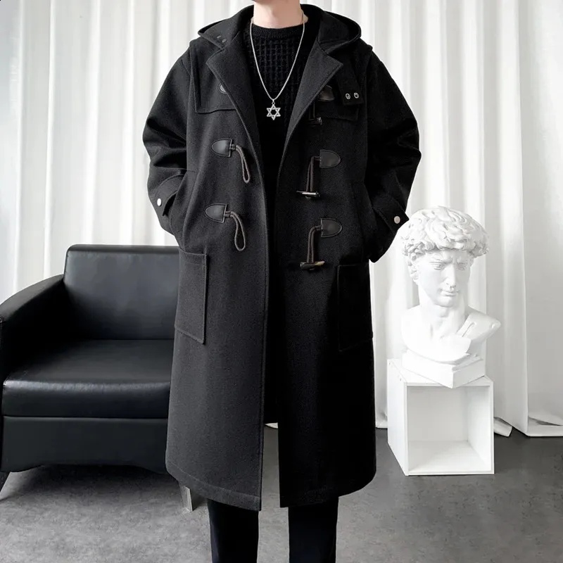Mens Woolen Hooded Long Coat Oversized Solid Winter Windbreaker