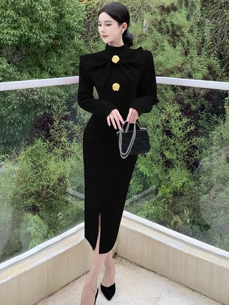 korean fall dress Fall Women Elegant Vintage Satin Midi Dress Korean Casual Slim Long Sleeves Office Lady O-neck Lace-up Dress Female Clothes Robe