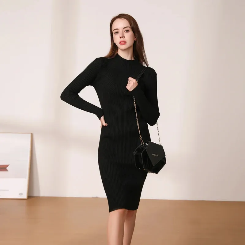 Midi Dress Winter Knitted Sweater Casual Womens Dresses Ladies - Main Image