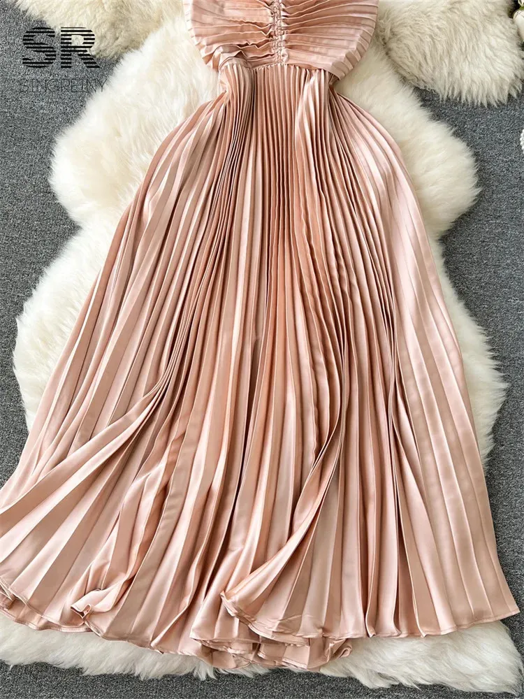 sachin and babi light blue dress Zapaka Women Champagne Satin Long Evening Dress with Slit A Line Spaghetti Straps Formal Dress, Champagne / US18W