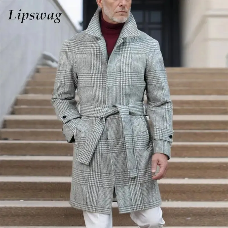 Wool Coat Grey Plaid Trench Coat Premium Mens Plaid Woolen Trench