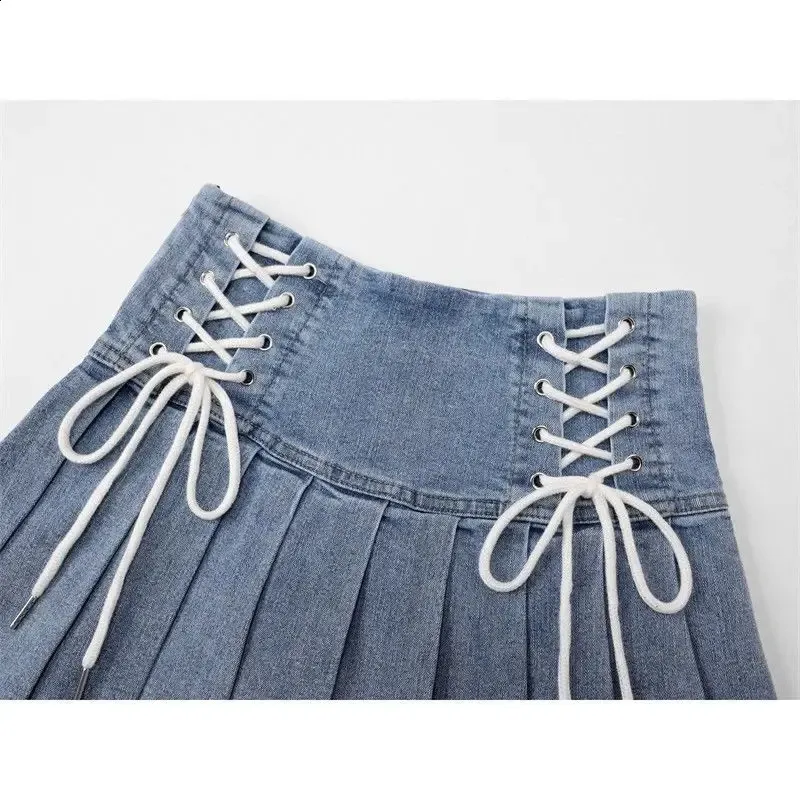 Denim Mini Skirt: High Waisted, Pleated, Lace-Up - Chic