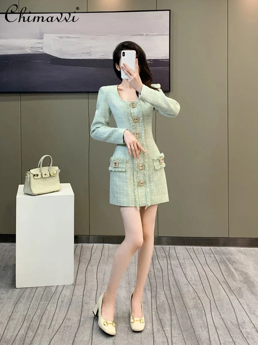 Elegant Tweed Long Sleeve Dress: High End Drill Buckle Square