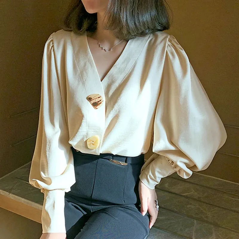 Female Top S To XL V Neck 3/4 Lantern Sleeve Stylish Loose Fit Chiffon For Sprin
