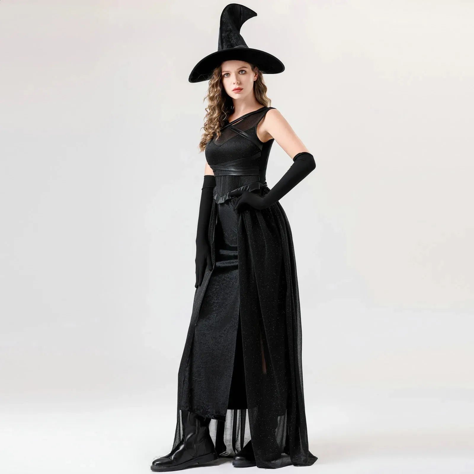 Dark Gothic Witch set in with Hat and Gloves - Women's Classic Halloween for Fashionable Stage Performance (W240824)