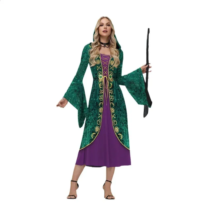 Hocus Pocus 2 Women's Hooded Winifred Sanderson Witch Costume - Long Sleeved Medieval Princess Cosplay for Halloween Party (240823)