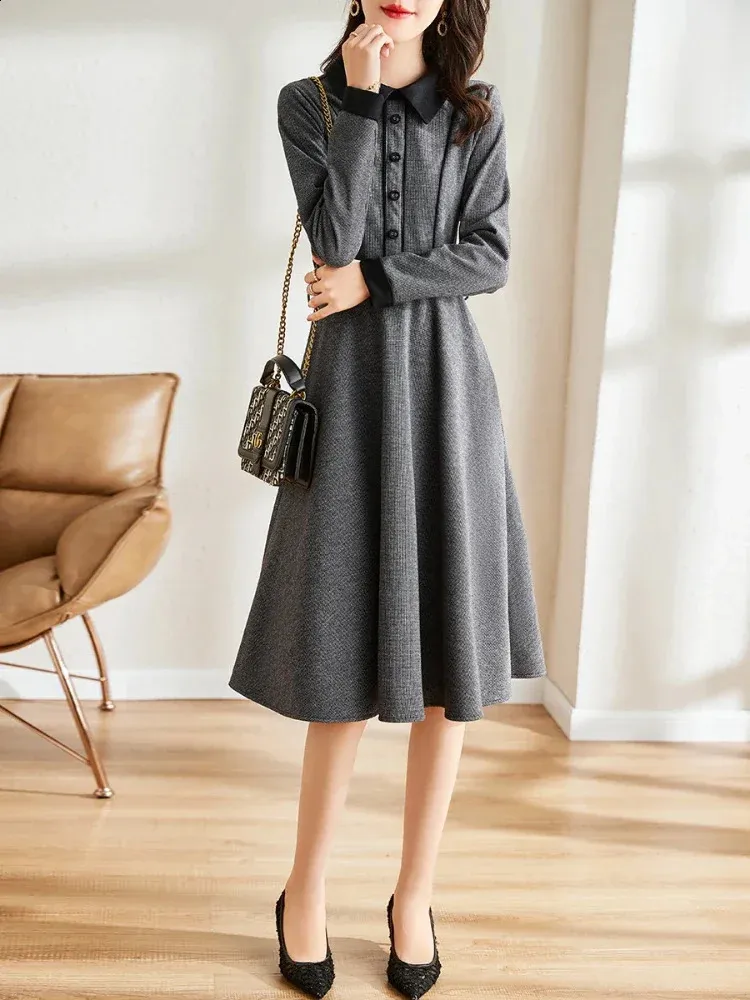 Elegant Tweed Patchwork Midi Dress - Womens Autumn Winter