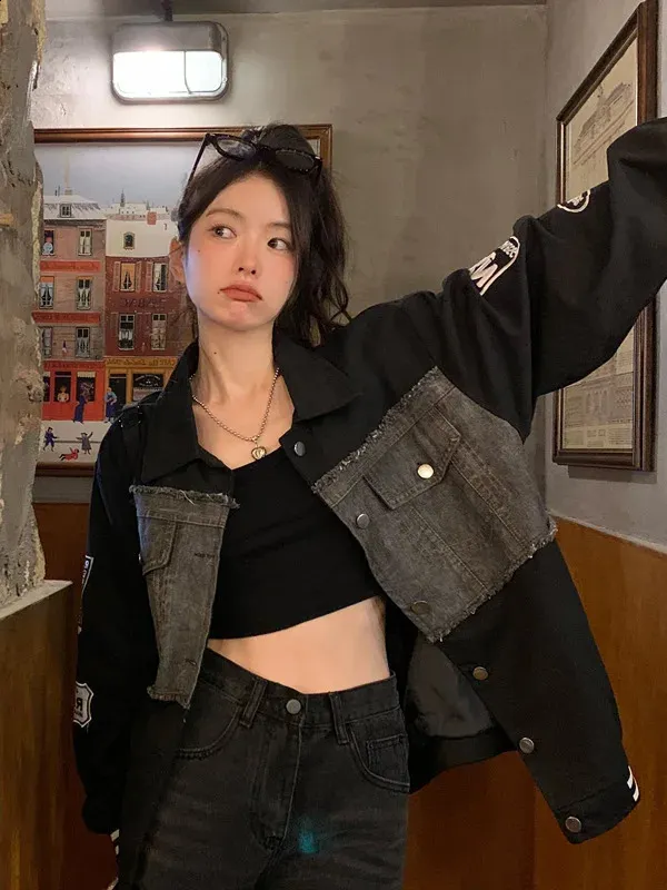 Womens Black Denim Jacket Oversize Long Sleeve Jean Outerwear