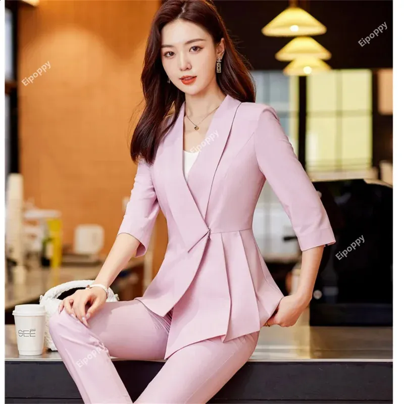 Elegant Womens Two Piece Suits Formal Pants Suits With Long Jacket