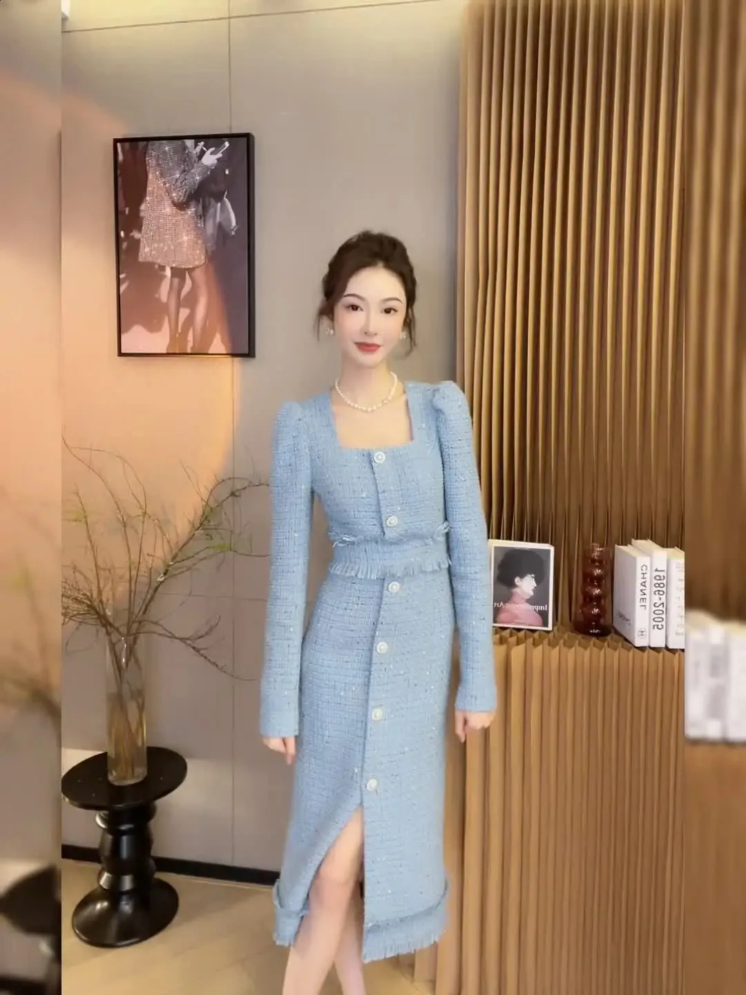 light blue tweed dress Delaney Dusty Blue Tweed Midi Dress L