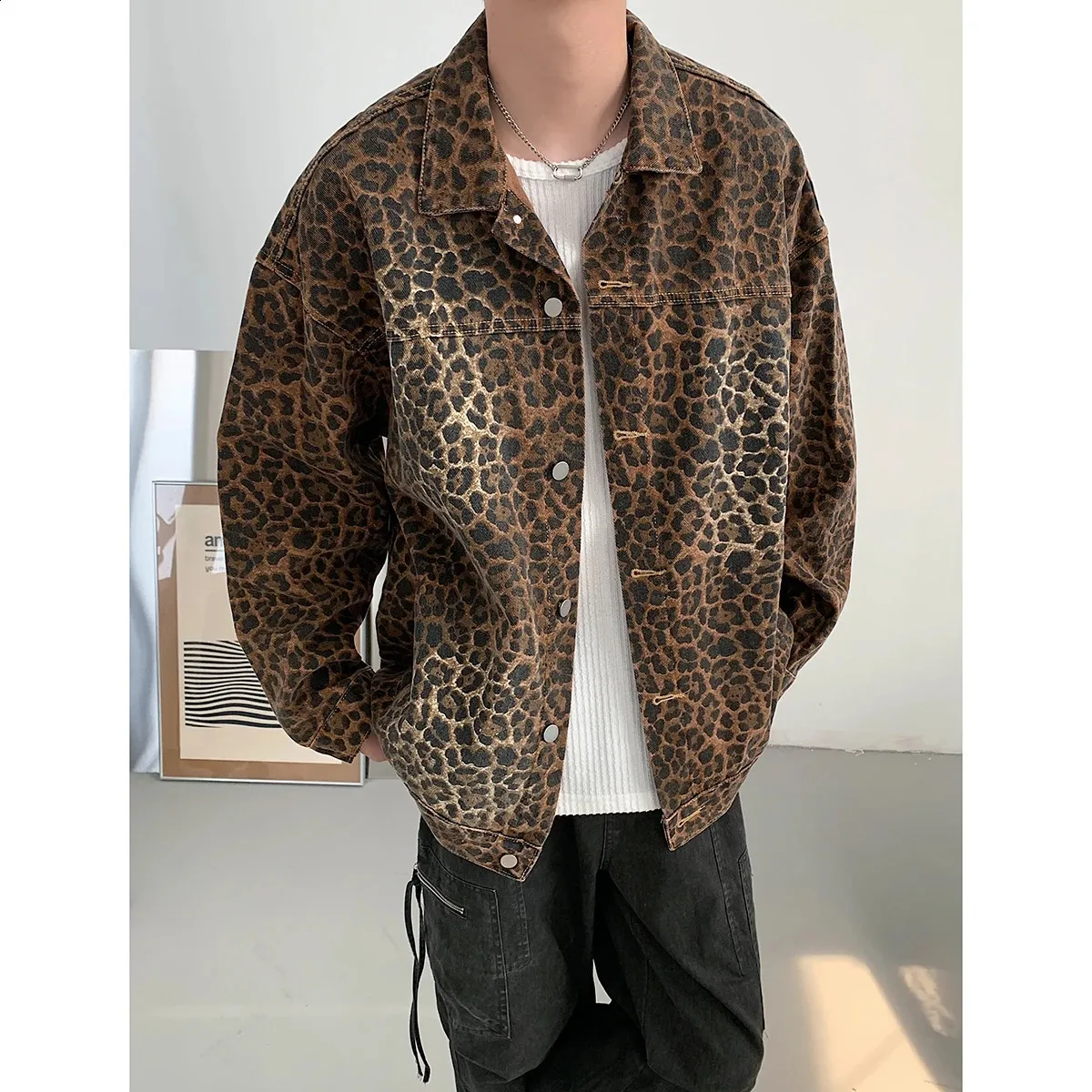 Vintage Leopard Print Denim Jacket - Mens Autumn Fashion