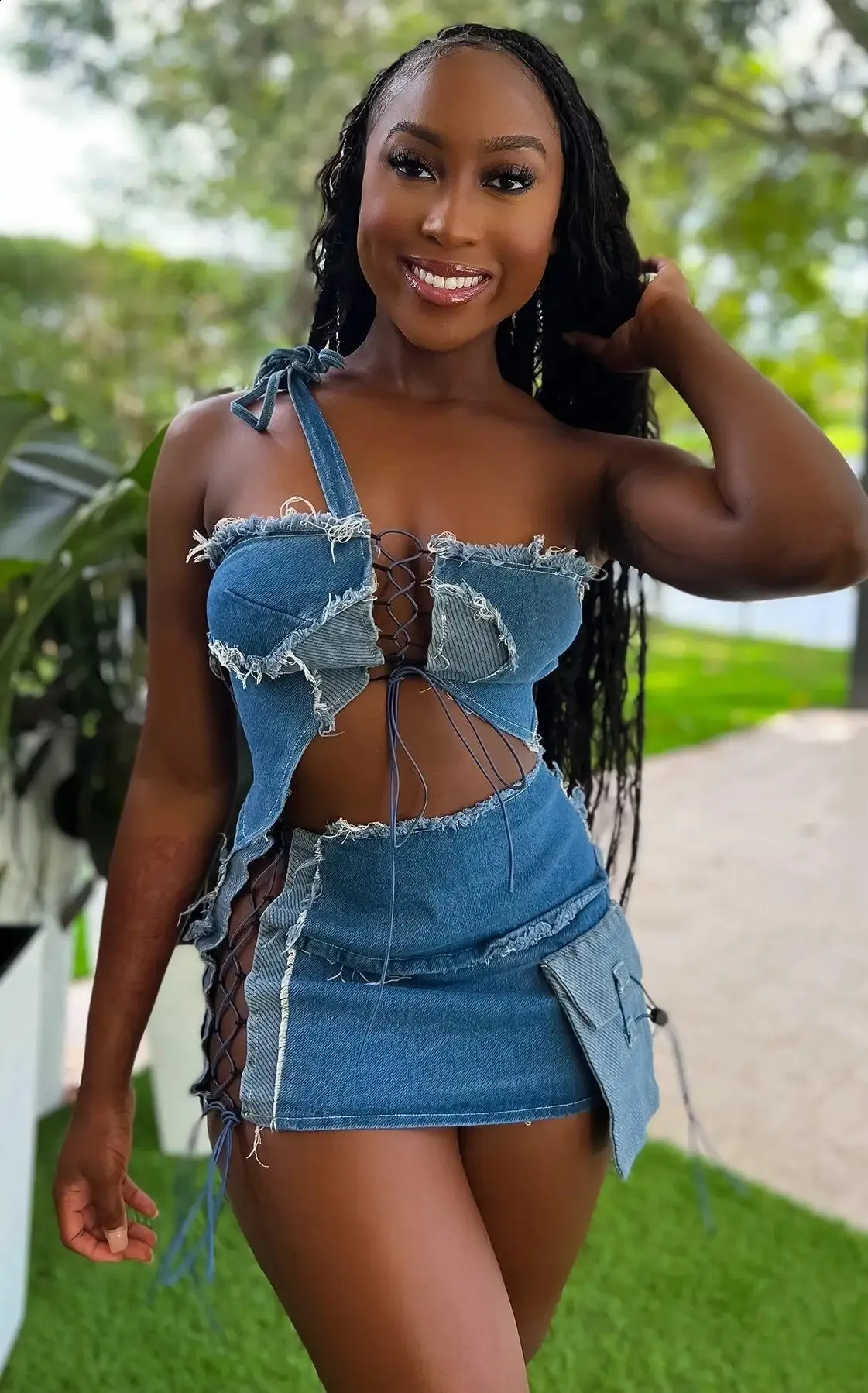Summer Chic Asymmetrical Denim Skirt And Lace Up Bandeau Halterneck Crop Top Set For Women Bandage Mini Dress Womens Skirt Suits 240823 From Mysticastore 27.5 DHgate.Com