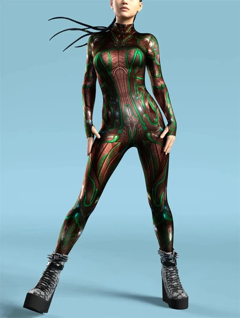 Women's Cybernetic Warrior Bodysuit - Sci-Fi Chrome Armor Cosplay Costume, Futuristic Jumpsuit