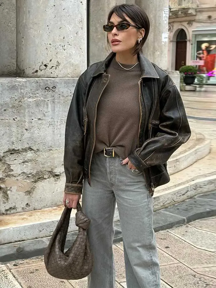 Vintage Chic Cropped Biker Jacket - Faux Leather Bomber with