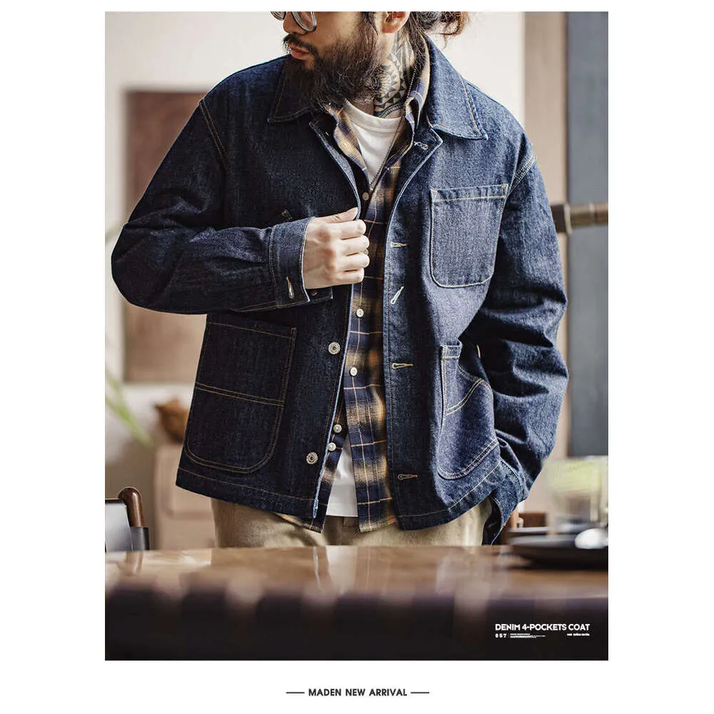 Vintage Denim Workwear Jacket: 4-Pocket Cotton Coat, Autumn