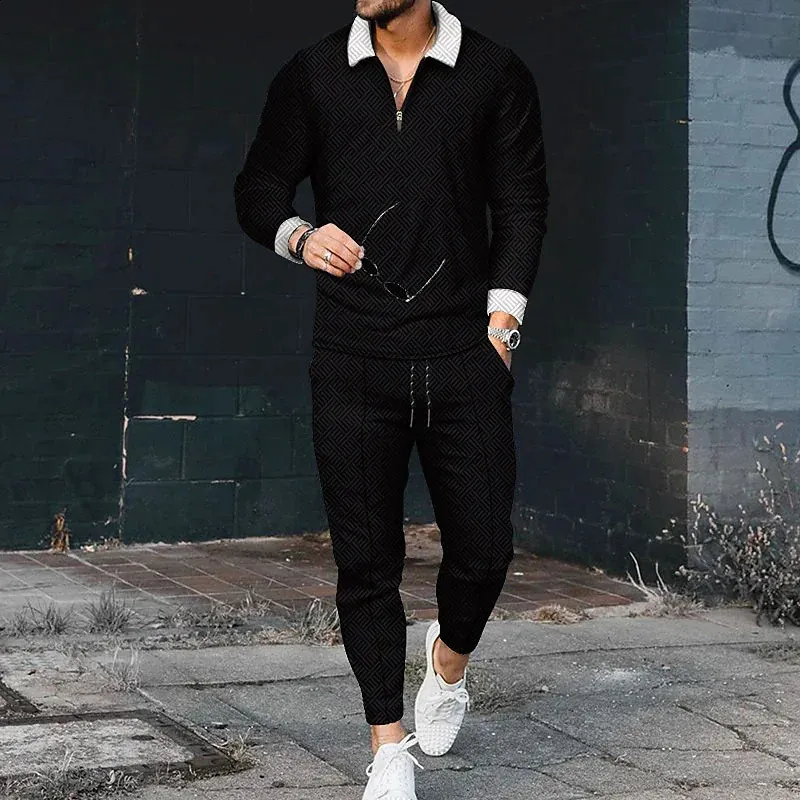 Men's Long Sleeve polo polo shirts and Pants Set for