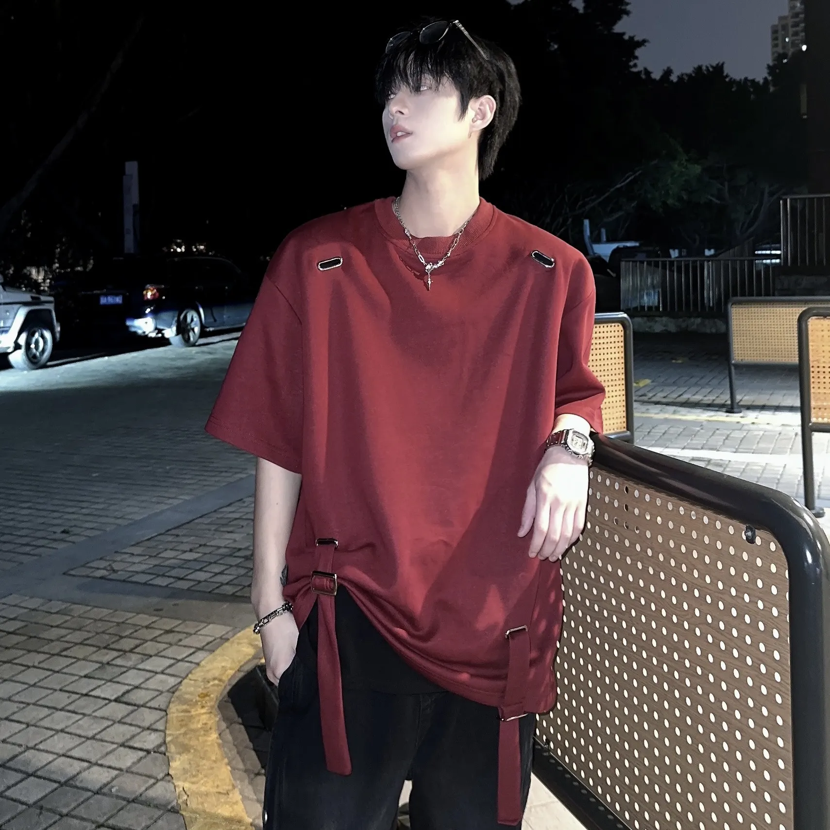 【Anyone more】Bulk lace one-off strap short sleeve T-shirt 108b8378-da5b-4599-80cc-