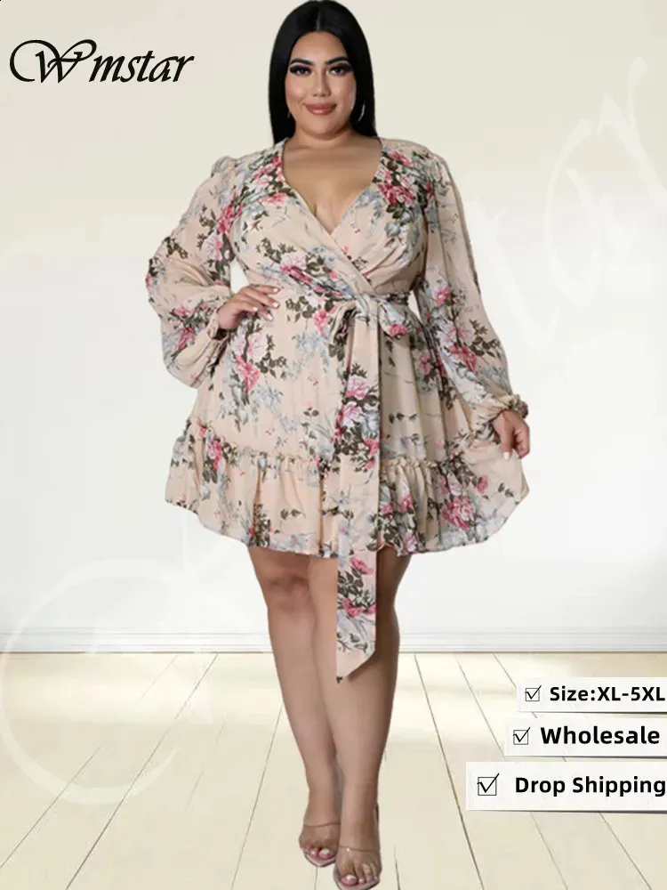 Wmstar Plus Size Flower Printed Mini Dress Set - Elegant and Cute for Parties - Wholesale Direct (5XL)