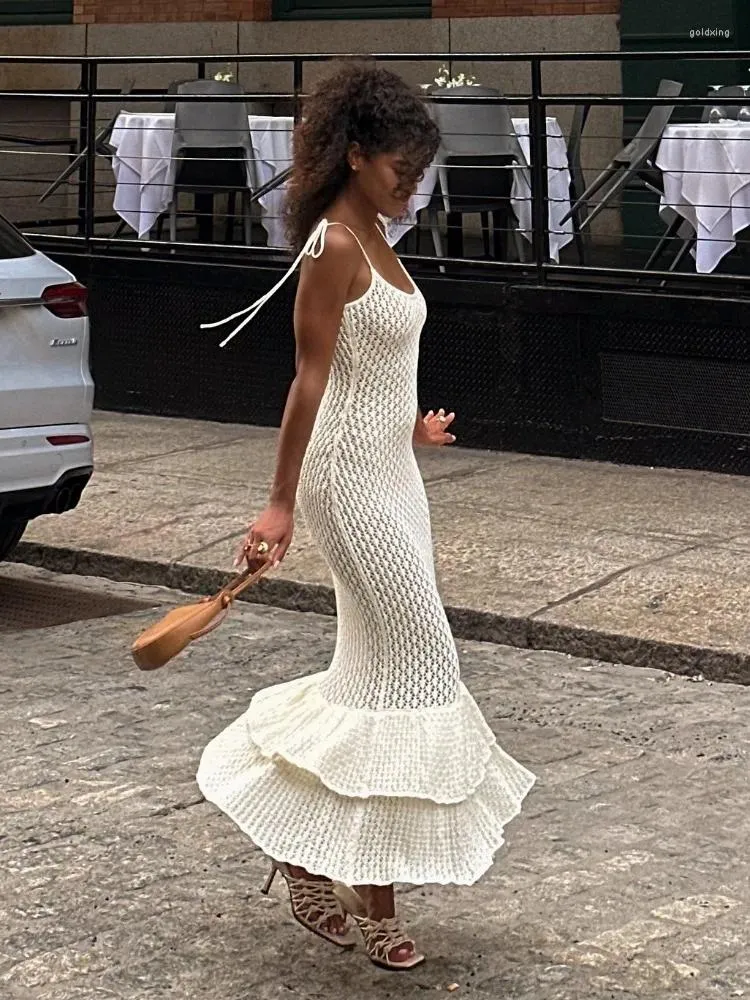 Elegant White Maxi Dress Ruffled, Hollow Out Knit, Sleeveless Summer  Party Shop Now!