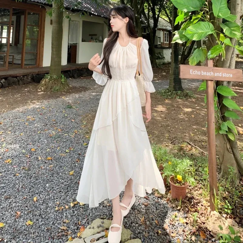 French Irregular Mid-Length Chiffon dress for Plus Size Women - Summer Fashion Clothing with Suspender Collar (240824) French Irregular Mid-Length Chiffon dress for Plus Size Women - Summer Fashion Clothing with Suspender Collar (240824)