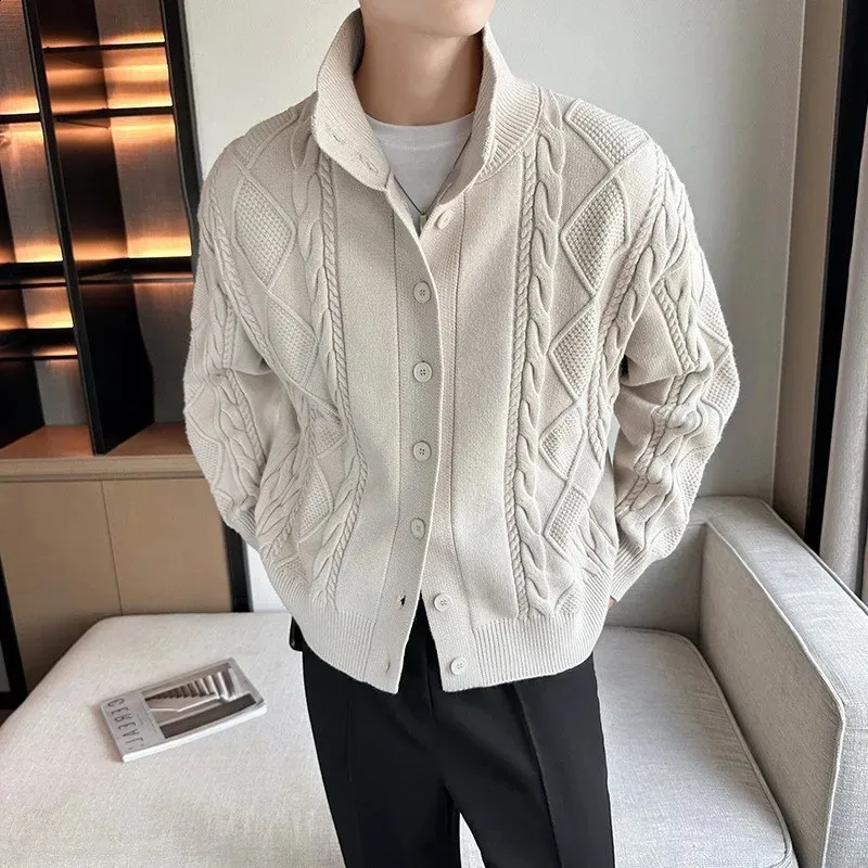 thumbnail image 2 of Mens Button Down Shawl Collar Cardigan Winter Loose Fit Cable Knit 2 of 14
