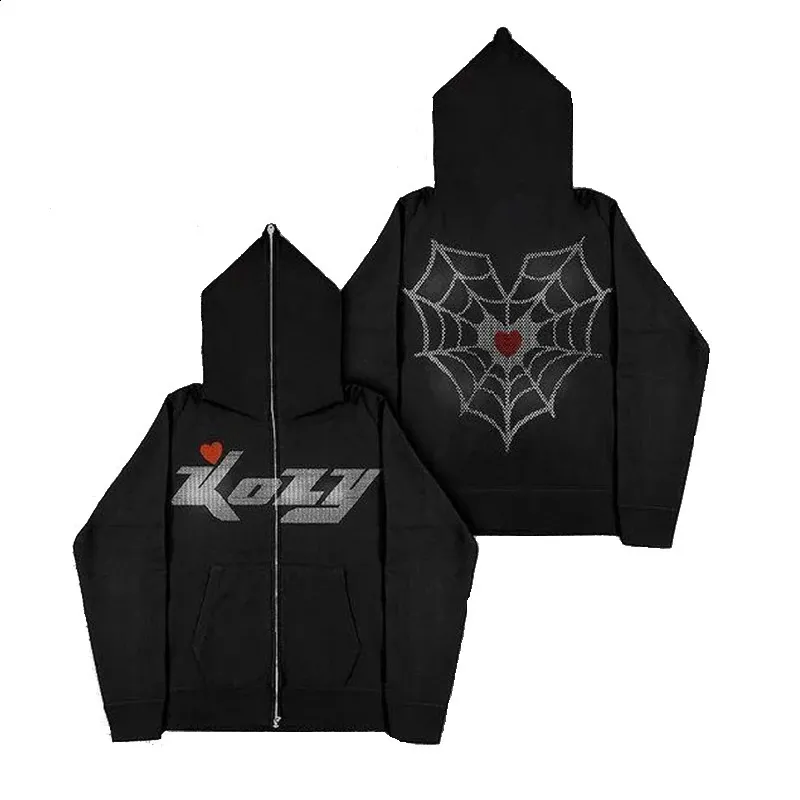 Rhinestone Spider Web Zip-Up Hoodie: Grunge Harajuku Oversized