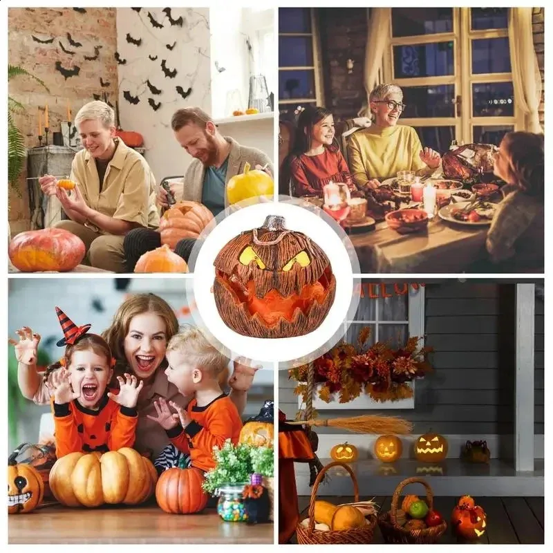 Lanterne Citrouille LED Halloween – Avec Support De Batterie – Plastique Résistant Aux Intempéries – Décoration Extérieure Et Intérieure – Modèle I – Lueur Orange Effrayante