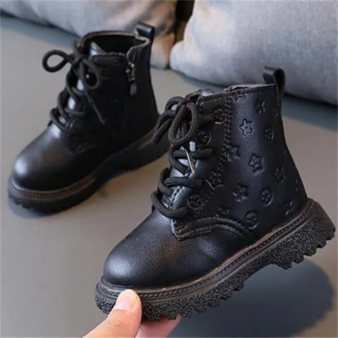 Kids Baby Martin Boots Pu Leather Winter Plus Velvet Shoes Fashion