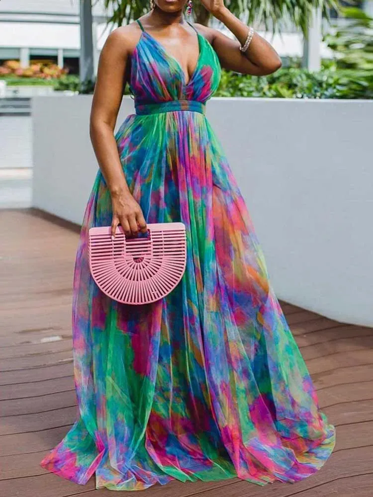 Summer Flowy Evening Dresses for Plus Size Women - Elegant and Beautiful Halterneck Long Dress with Mesh Hem in Sizes 2xl-5xl
