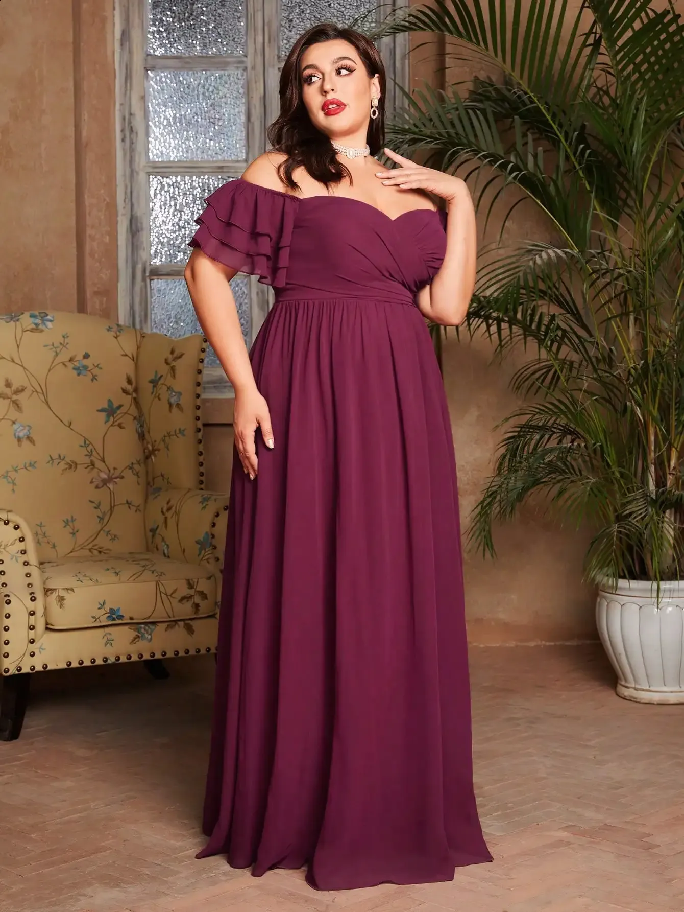 white christmas dresses Plus Size Empire Waist Chiffon Maxi Dress with Long Lantern Sleeves –  Ever-Pretty Plus main image 1