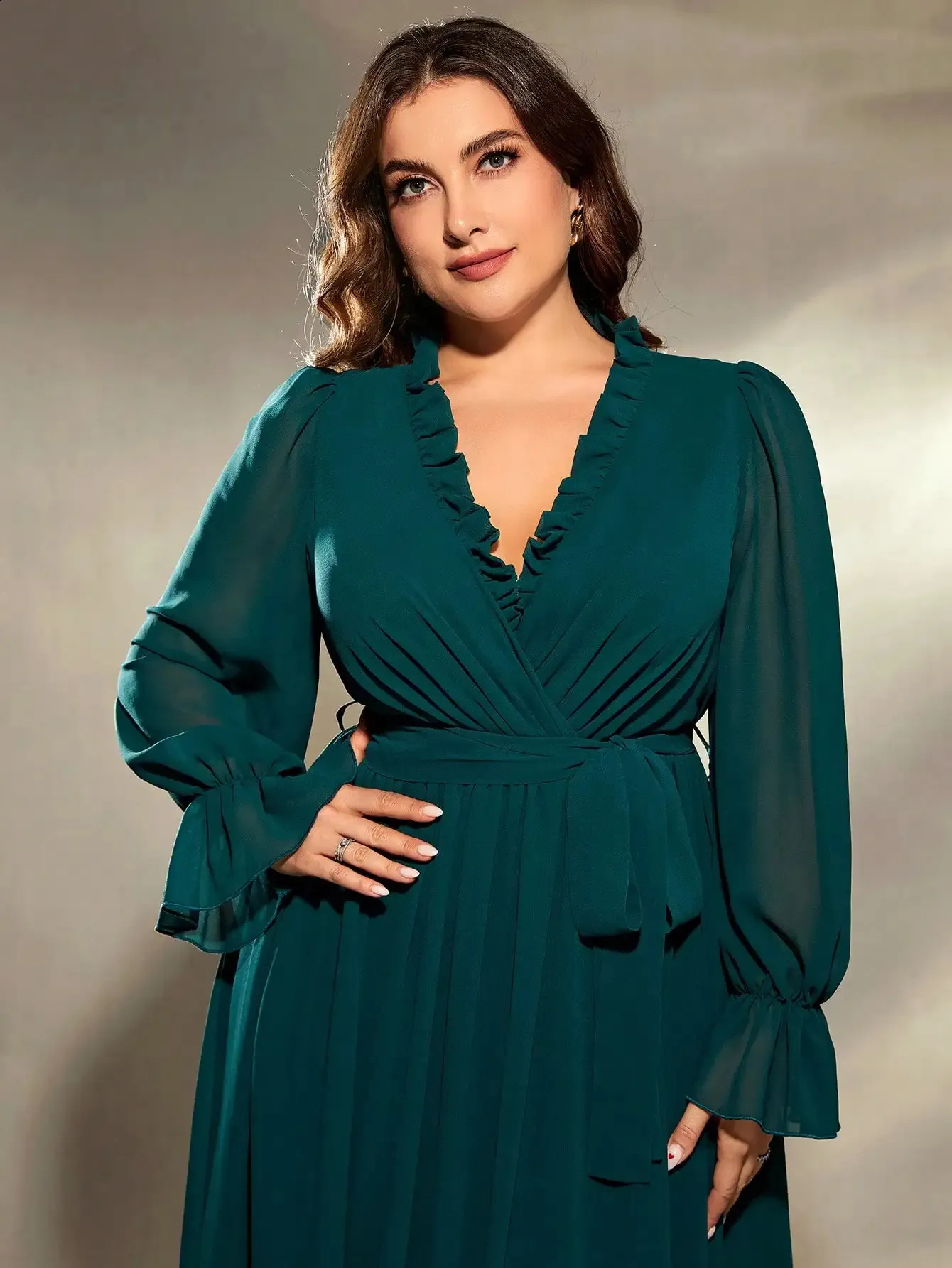 Plus Size Chiffon Wrap Dress - Elegant V-Neck Long Sleeve Evening Ball Gown  - Shop Now! from Dhgate Plus size Dresses - price 61.01