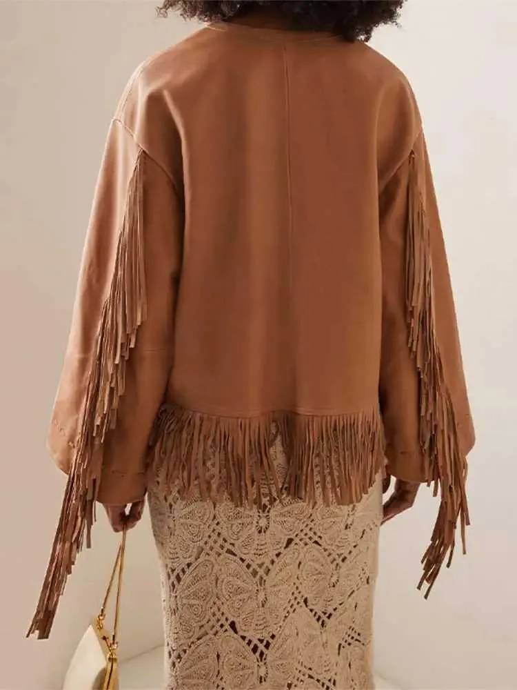 Casual Solid Tassel Rivets Asymmetrical O Neck Outerwear Casual Solid Tassel Rivets Asymmetrical O Neck Outerwear