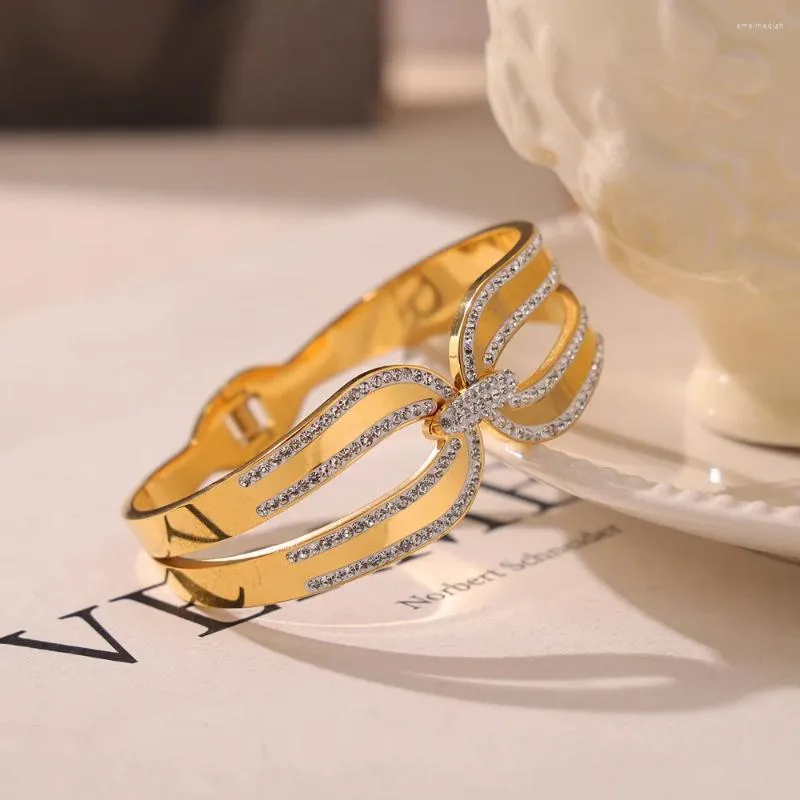 Shiny Stainless Steel Gold Arm Bangle Bracelet With CZ Inlay Shiny Stainless Steel Gold Arm Bangle Bracelet With CZ Inlay