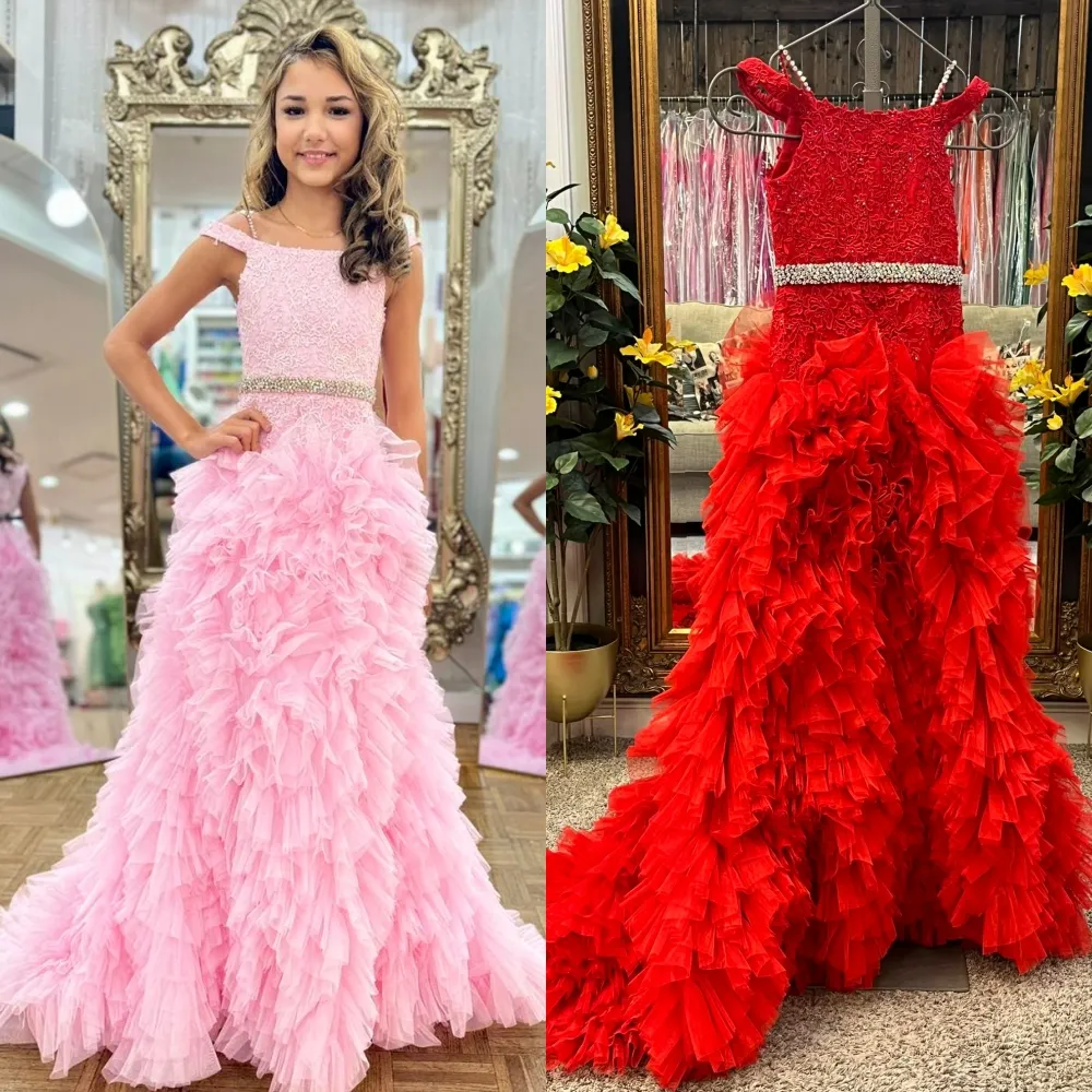 Ice Pink Girl Pageant Gown Off Shoulder Ruffled Tiered A Line Little Kid Birthday Formal Cocktail Party Dress Toddler Teens Young Junior Miss Gala