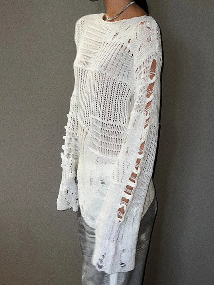 Vintage White Knit Sweaters: Ripped Grunge Style, Loose Fit