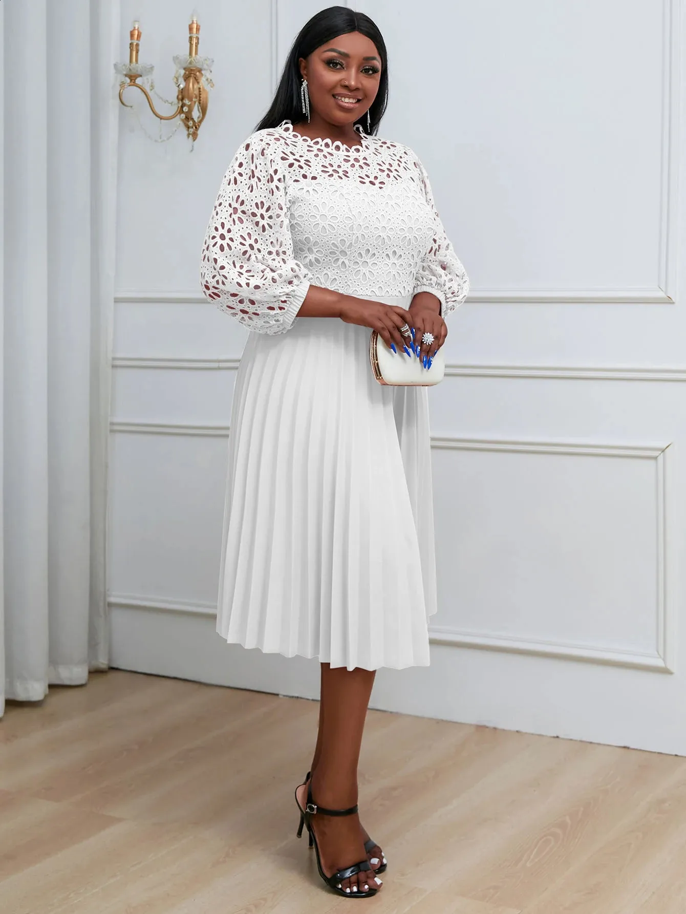 Plus Size Chic Snowsui Pleated Midi Plus Size White Dress with Hollow Lace and Puff Sleeves - Elegant and Fashionable Party Birthday Plus Size White