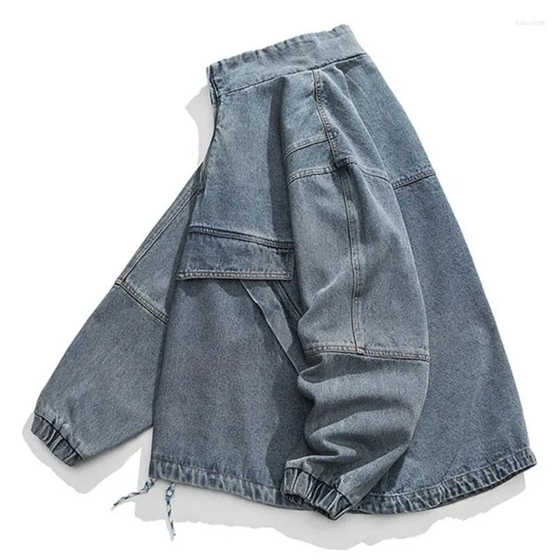 Mens Denim Pullover Jacket: Half-Zip, Stand Collar, Washed