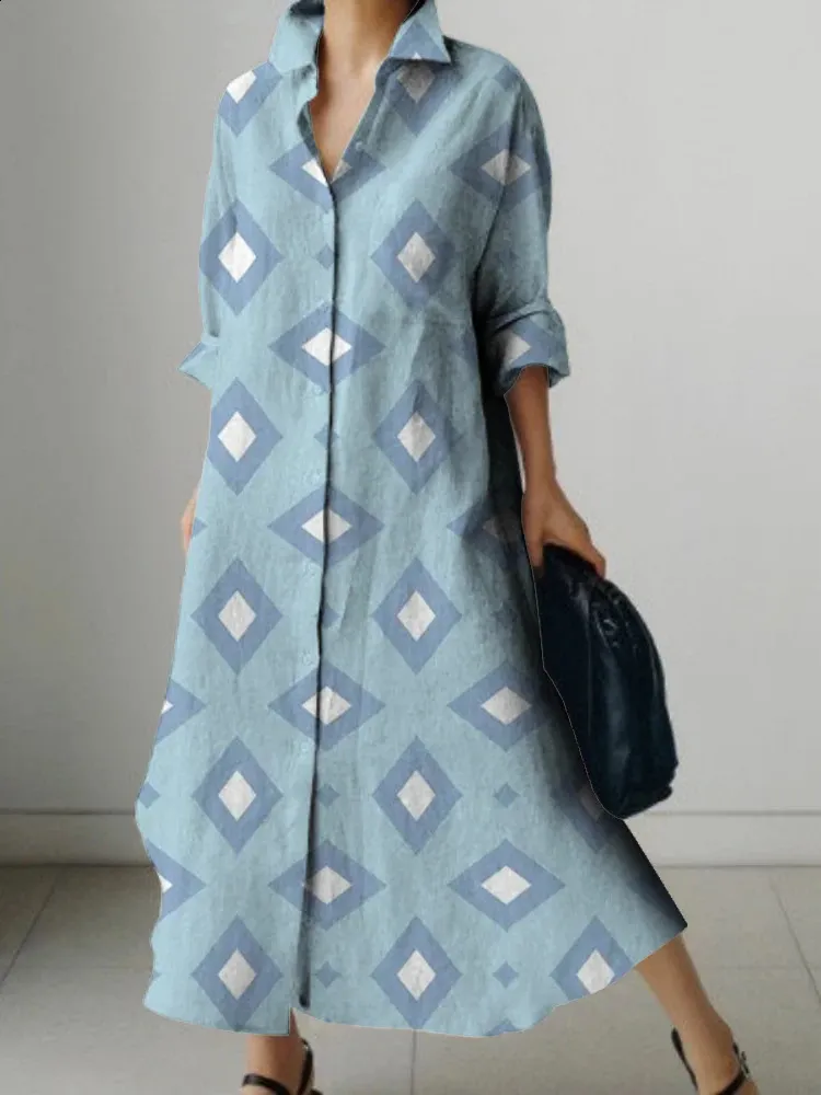 Vestido Suelto De Manga Larga De Estampado Geométrico Para Mujeres
