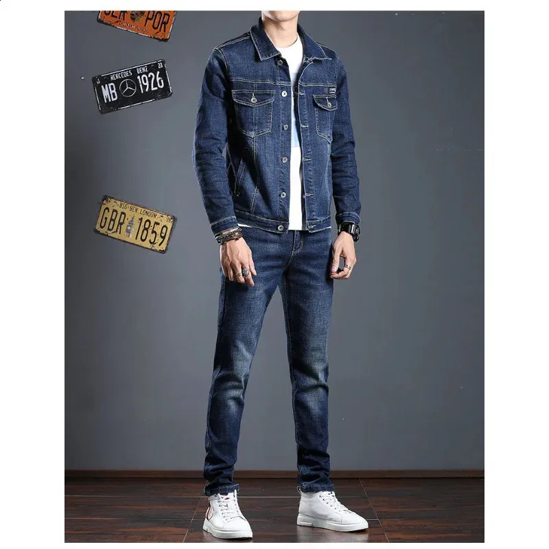 Men's Spring and Autumn Denim Jacket and Pants Set Acrylic Sport
