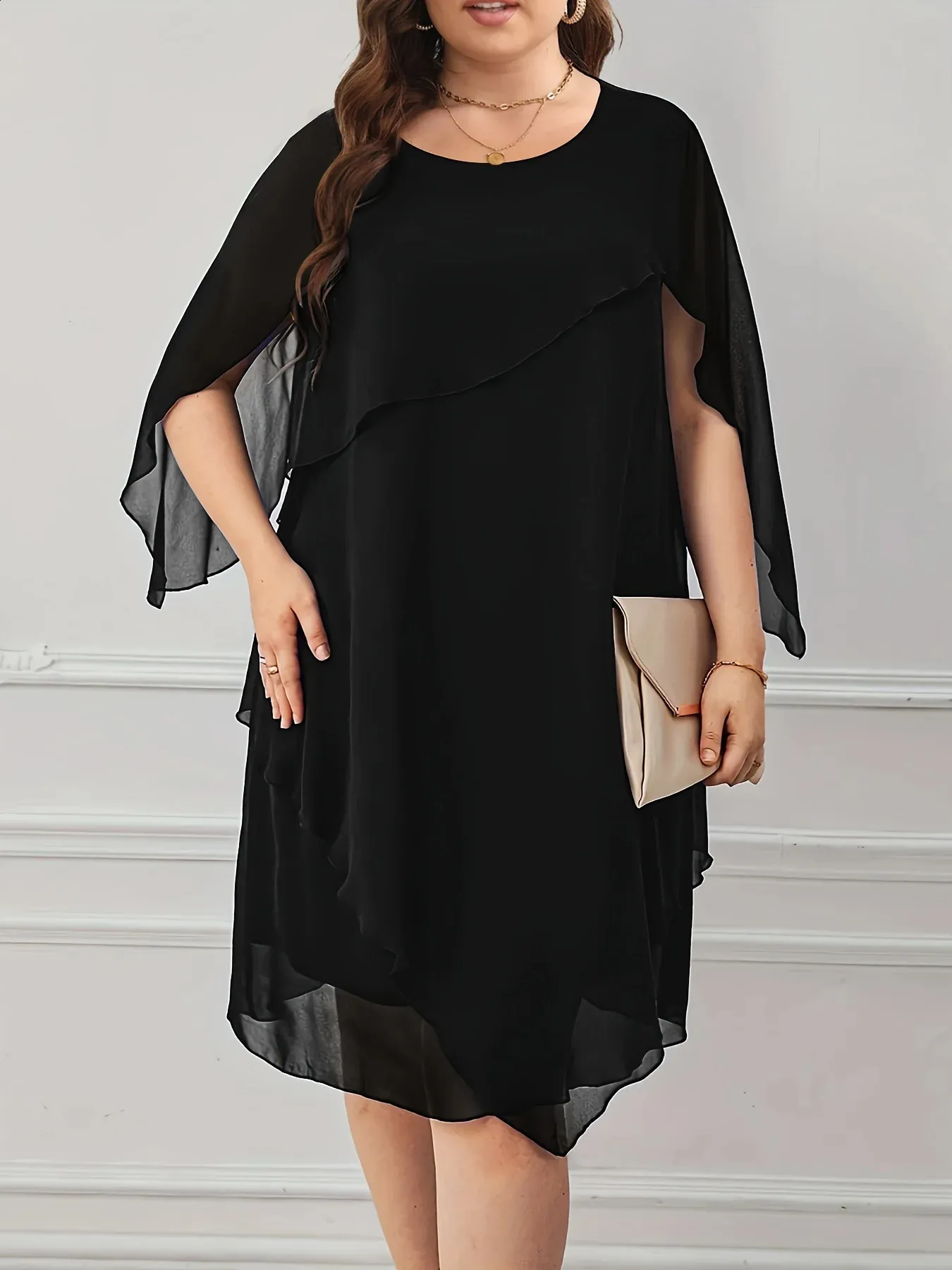 Double-Layered Chiffon Cape Sleeve Dress for Women - Elegant Solid Casual Straight Midi with Round Neckline and Style (Plus Size)