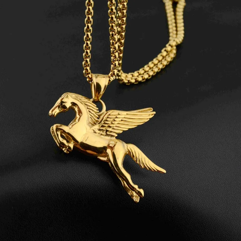 Collier Pour Homme Pégase (cheval Ailé) En Acier Inoxydable Doré - Neuf Avec étiquettes