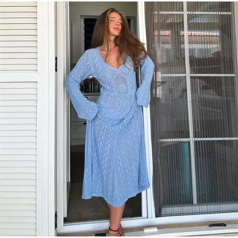 Women's Blue V-Neck Loose Knit Beach Dress - See-Through Floral Long Sleeve Summer Holiday Robe from Dhgate Basic & Casual Dresses - price 45.33 Women's Blue V-Neck Loose Knit Beach Dress - See-Through Floral Long Sleeve Summer Holiday Robe from Dhgate Basic & Casual Dresses - price 45.33
