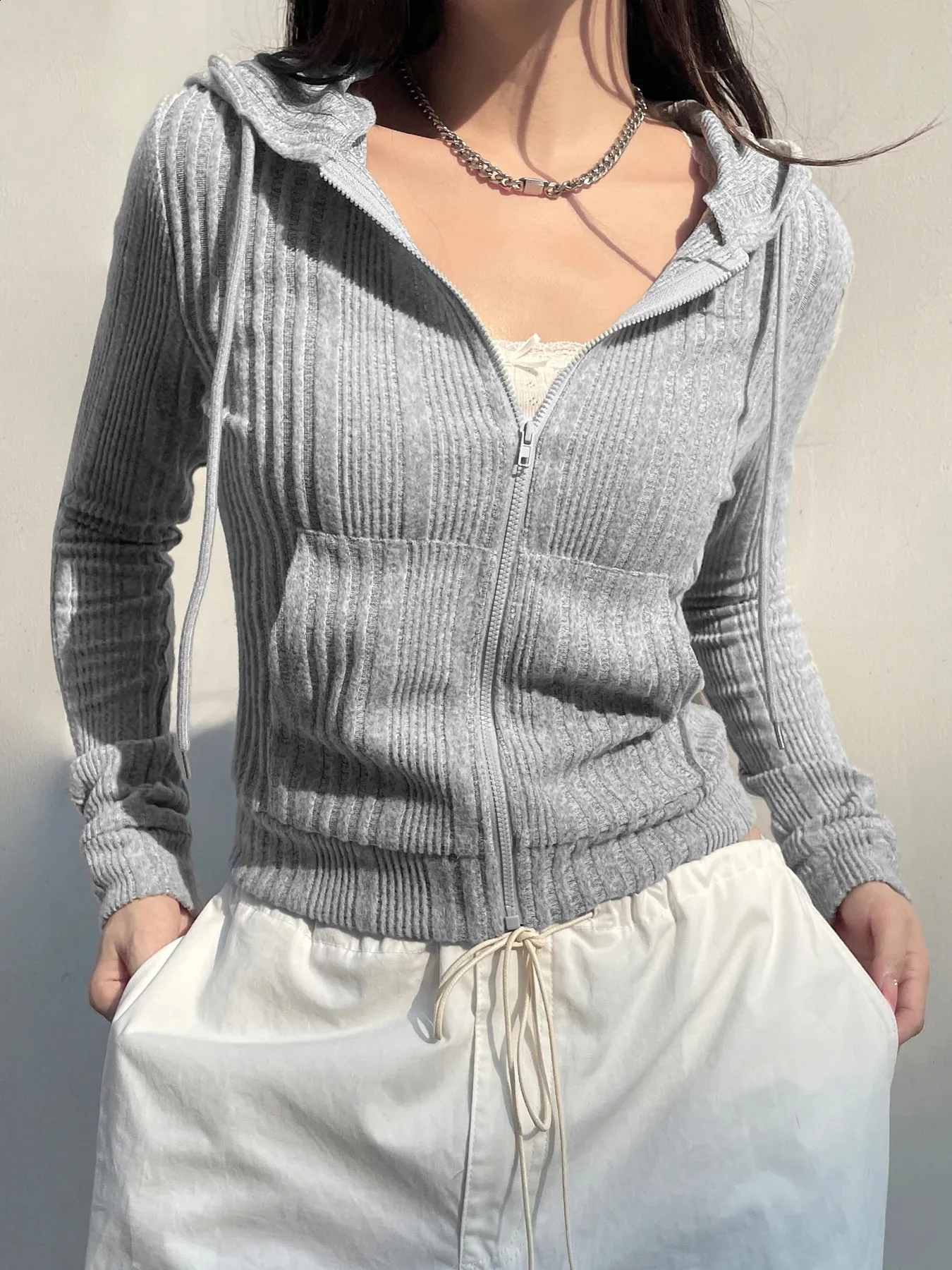 Ladies Plain Hoodies: Gray Zip Up Knitted Jacket With Pockets - Main Image