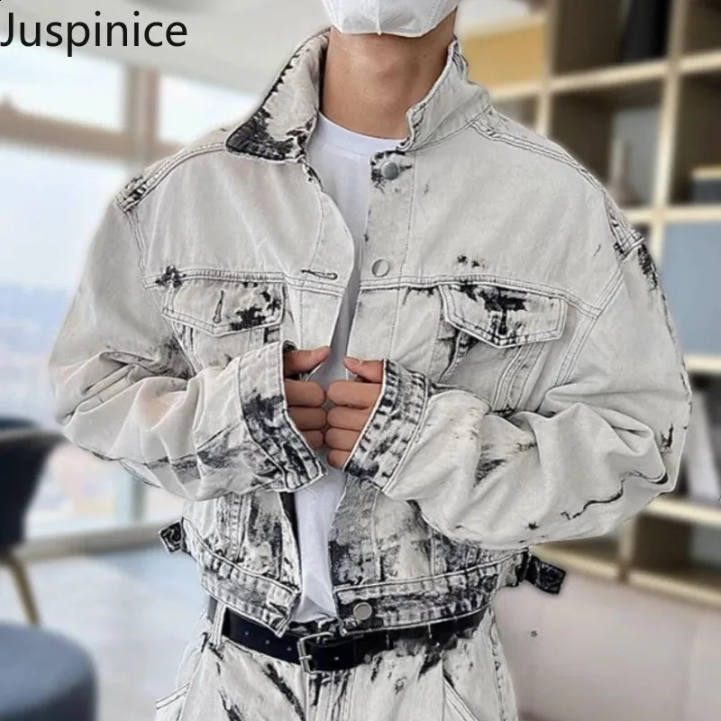 Men's Tie Dye Denim Jacket Wide Leg Jeans Set Casual Loose Fit Vintage  Style - Main Image