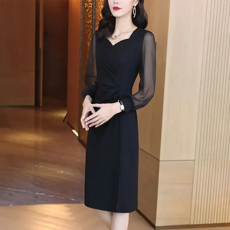 navy blue dress for baby girl Long Autumn Winter Dresses For Women 2022 Elegant Knitted Pleated Dress V  Neck Office Ladies Chic Women Dresses Winter 2022