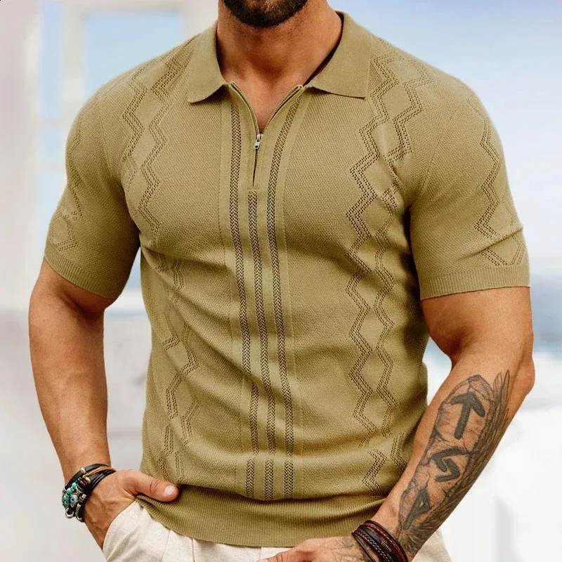 Mens Vintage Striped Jacquard Knit Polo Shirt - Breathable