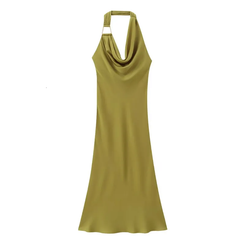 Summer Womens Backless Swinging Neck Sleeveless Silk Satin Midi Hanging Neck Dress