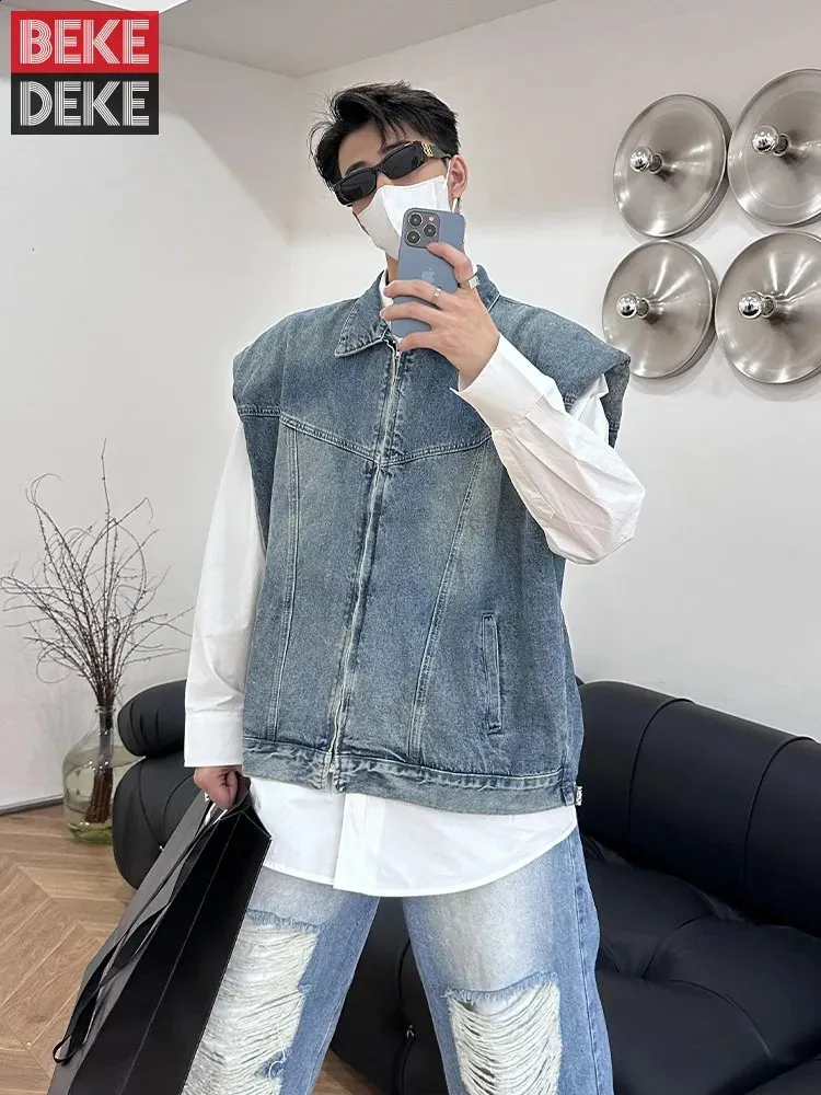 Denim Vest Mens Vintage Mens Vests, Shoulder Padded Sleeveless